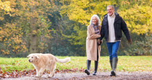 Older Couple walking in park with dog during the fall.